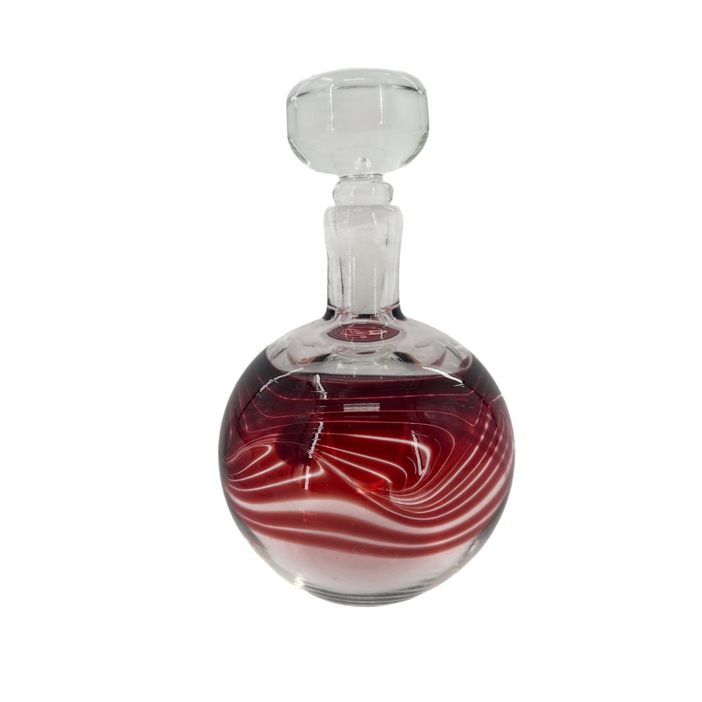 Vanderlaan Glass Decanter Red White Swirl Hand Blown Art Glass Stopper